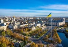 Aerial view to highest ukrainian flag on embankment in Kharkiv