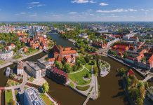 Aerial view of Wroclaw downtown with Odra river in Poland