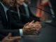 Close Up On Hands of Caucasian Male Organization Representative Speaking at Economic Conference. Head Of USA Delegation Delivering Speech at International Political Summit. Diverse Delegates Listening