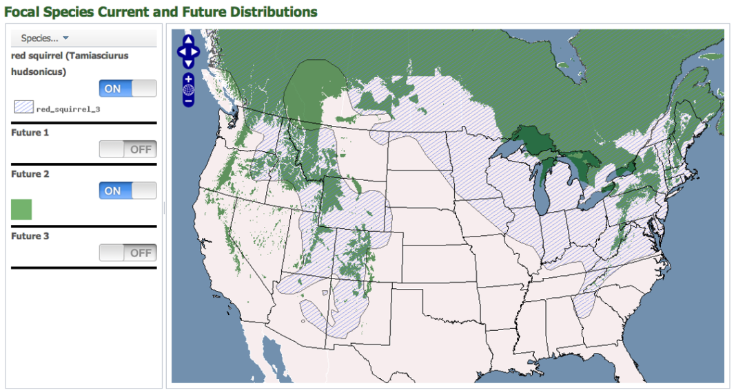 Figure: Present(hashed) and future (solid) scenarios for the distribution of the red squirrel