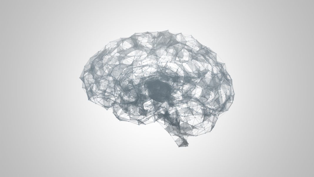 Abstract polygonal brain with connected dots and lines. Artificial intelligence 3d illustration