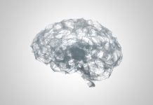 Abstract polygonal brain with connected dots and lines. Artificial intelligence 3d illustration