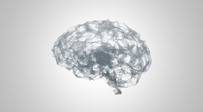 Abstract polygonal brain with connected dots and lines. Artificial intelligence 3d illustration