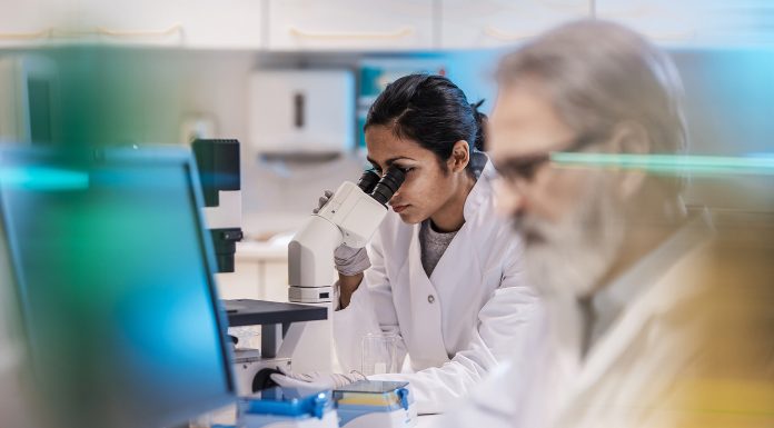 Female Scientist Working in The Lab, Using Microscope