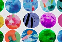 Vector montage of hand made elements like watercolors on paper, brush strokes, color drops and textures depicting microbiology abstract concept.