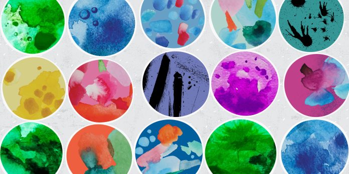 Vector montage of hand made elements like watercolors on paper, brush strokes, color drops and textures depicting microbiology abstract concept.