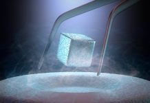 Image concept of magnetic levitating above a high-temperature superconductor, cooled with liquid nitrogen.