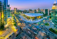 Aerial view of city Seoul at night, South Korea,