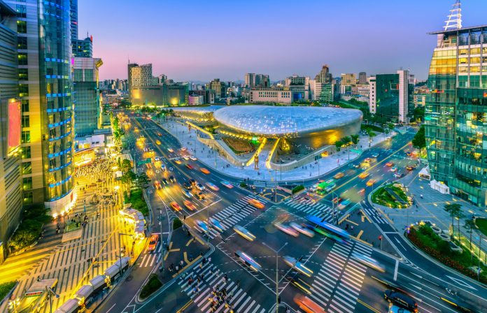 Aerial view of city Seoul at night, South Korea,