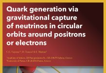 Quark generation via gravitational capture of neutrinos in circular orbits around positrons or electrons