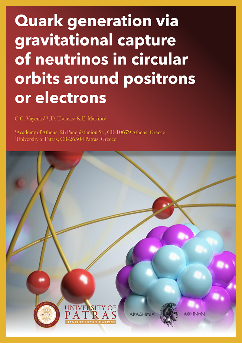 Quark generation via gravitational capture of neutrinos in circular orbits around positrons or electrons