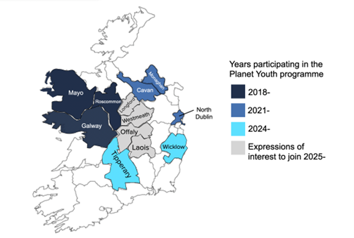 Fig 2. Counties in Ireland participating (or planning to participate) in the Planet Youth programme.