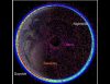 This image, with Earth’s north polar region at center, shows satellites (orange dots) and space debris (pink dots) in orbit through the ionosphere on July 22, 2024. Ionosphere model data were provided by Joseph Huba of Syntek Technologies in Virginia. Image courtesy of Paul Bernhardt