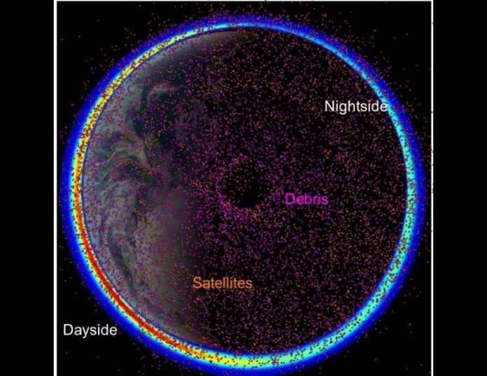 This image, with Earth’s north polar region at center, shows satellites (orange dots) and space debris (pink dots) in orbit through the ionosphere on July 22, 2024. Ionosphere model data were provided by Joseph Huba of Syntek Technologies in Virginia. Image courtesy of Paul Bernhardt