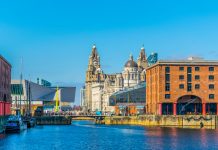 Skyline of Liverpool through albert dock, England