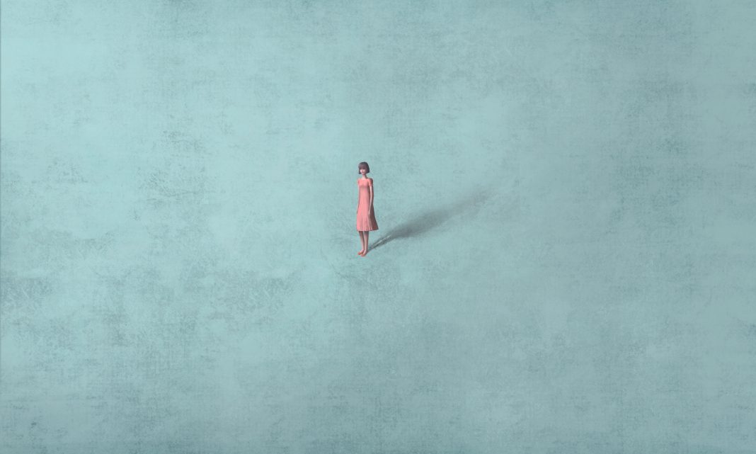 Woman alone in blue space, surreal painting, lonely people, loneliness artwork, hope and dream concept illustration, modern background