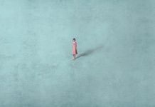 Woman alone in blue space, surreal painting, lonely people, loneliness artwork, hope and dream concept illustration, modern background