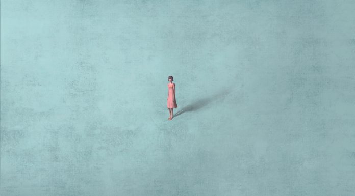 Woman alone in blue space, surreal painting, lonely people, loneliness artwork, hope and dream concept illustration, modern background