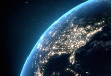 Flying over USA at night with city light illumination. View from space. 3D render