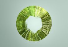 Abstract circular green carpet woven from particles, representing circular economy and regenerative energy, CGI.