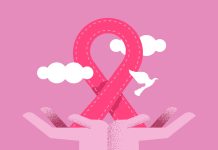 Breast cancer awareness hands and pink ribbon flat card design