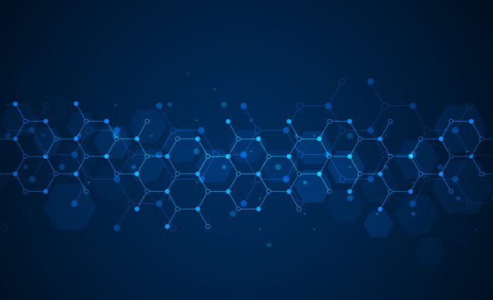 Hexagons pattern on blue background. Genetic research, molecular structure. Chemical engineering. Concept of innovation technology. Used for design healthcare, science and medicine background