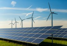 Wind turbine and solar panels energy generators on wind farm