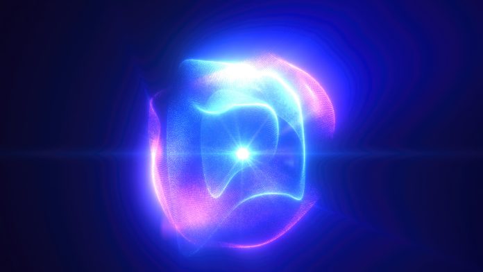 Blue purple energy magic sphere round high-tech digital ball core of light rays waves lines and energy particles. Abstract background.