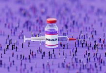 Human crowd surrounding an injectable insulin bottle on purple background. Horizontal composition with copy space.