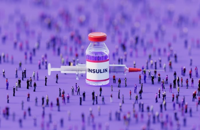 Human crowd surrounding an injectable insulin bottle on purple background. Horizontal composition with copy space.