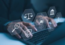 AI Laws and Regulations Concept. Hand typing on laptop with digital icons representing artificial intelligence, legal standard, ethics, and regulatory compliance, Technology law and policy, copyright,