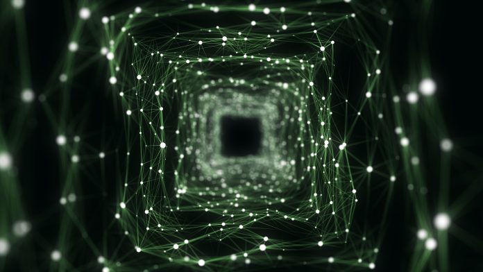 Futuristic sci-fi square portal in space. 3D green ai tunnel with dots and lines. Abstract digital wormhole data. Flow particle by funnel. Fantasy circle vortex on dark background. 3D rendering.