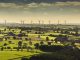 Wind turbines and farmland near Leeds, West Yorkshire. Aerial view from a helicopter