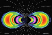 The May 2024 solar storm created two extra radiation belts, sandwiched between the two permanent Van Allen Belts. One of the new belts, shown in purple, included a population of protons, giving it a unique composition that hadn’t been seen before. NASA/Goddard Space Flight Center/Kristen Perrin