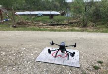 Permafrost Grown’s project UAV, a DGI Matrice 3000 with a LiDAR camera, prepares to take off for a survey at a farm site in Fairbanks, AK.