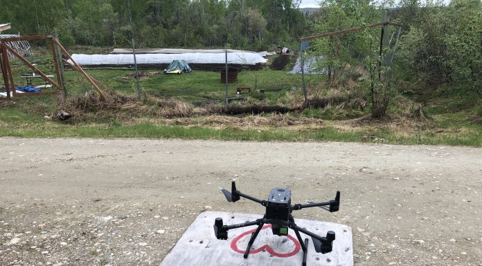 Permafrost Grown’s project UAV, a DGI Matrice 3000 with a LiDAR camera, prepares to take off for a survey at a farm site in Fairbanks, AK.