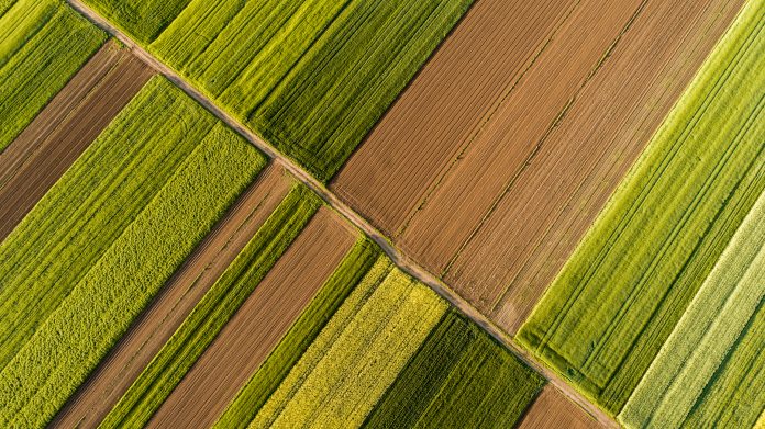 Scenic landscape with aerial view of fields