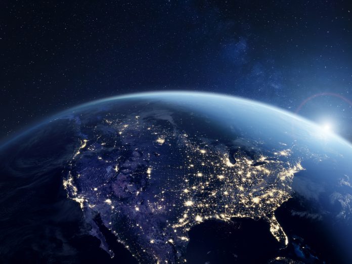 America at night viewed from space with city lights showing activity in United States. 3d render of planet Earth. Elements from NASA. Technology, global communication, world. USA. (https://visibleearth.nasa.gov/view.php?id=57752)