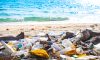 Beach debris, plastic cups and plastic bags. Marine debris is one of the world's major environmental problems.