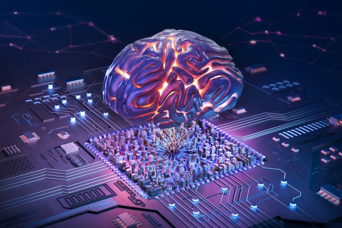 Digitally Generated Image of Artificially Intelligent Human Brain Above Circuit Board