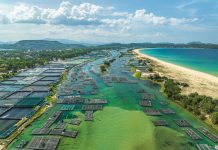 Drone view of fish farms and lobster farms on Phu Luong beach