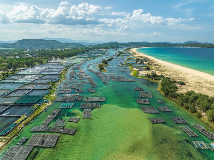 Drone view of fish farms and lobster farms on Phu Luong beach