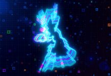 A vibrant digital artwork of United Kingdom map outlined with neon lines, set against a futuristic grid background with colorful abstract HUD squares.