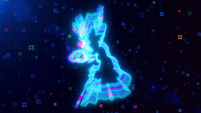 A vibrant digital artwork of United Kingdom map outlined with neon lines, set against a futuristic grid background with colorful abstract HUD squares.