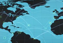 Simple outline tactical world map with ballistic flight paths and glowing crosshair