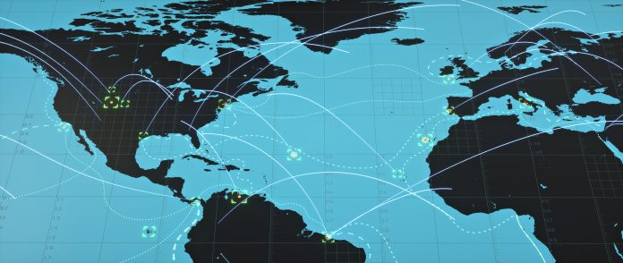 Simple outline tactical world map with ballistic flight paths and glowing crosshair