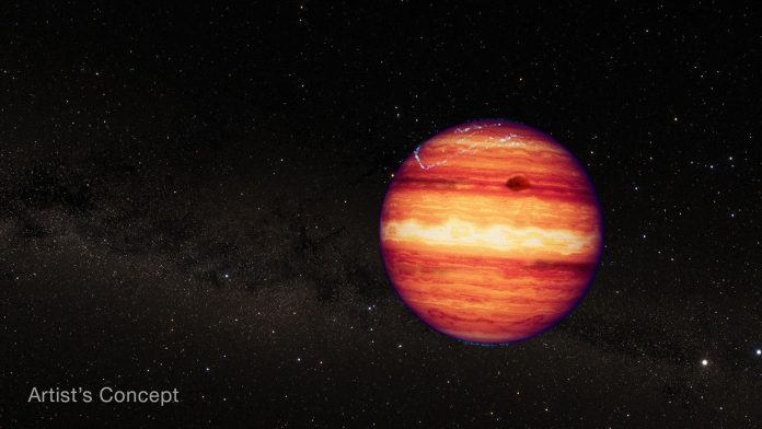 This artist’s concept shows what the isolated planetary-mass object SIMP 0136 could look like based on recent observations from NASA’s James Webb Space Telescope and previous observations from Hubble, Spitzer, and numerous ground-based telescopes. Researchers used Webb’s NIRSpec (Near-Infrared Spectrograph) and MIRI (Mid-Infrared Instrument) to measure subtle changes in the brightness of infrared light as the object completed two 2.4-hour rotations. By analyzing the change in brightness of different wavelengths over time, they were able to detect variability in cloud cover at different depths, temperature variations in the upper atmosphere, and changes in carbon chemistry as different sides of the object rotated in and out of view. This illustration is based on Webb’s spectroscopic observations. Webb has not captured a direct image of the object. NASA, ESA, CSA, and Joseph Olmsted (STScI)